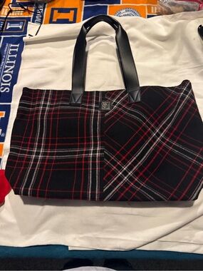Victoria’s Secret Plaid Tote Bag Large Red Black Check Shopper Travel